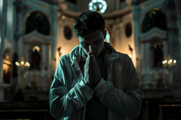 Obraz premium Generative AI Portrait of Peaceful Person in Church with Radiant Light and Religious Reverence
