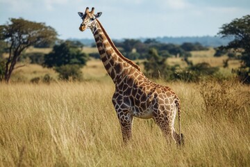 Obraz premium Majestic giraffe stands tall against the sweeping savannah landscape, embodying the serene beauty and grandeur of the African plains.