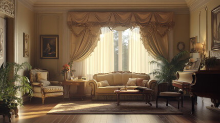 Sunlit Living Room: Elegant Interior Design, Classic Furniture, and Warm Ambiance