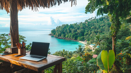 Tropical Island Workspace: Ocean View Laptop, Lush Forest, Peaceful Paradise