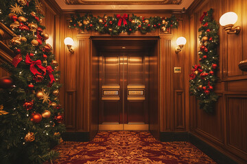 Christmas Hotel Elevator: Vintage, Festive, Warm Lighting, Antique Details