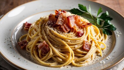 Italian pasta carbonara garnished with crispy bacon and parsley on plate