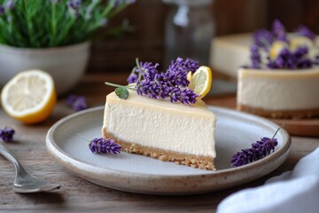 A slice of creamy cheesecake garnished with dainty sprigs of lavender and fresh lemon, embodying culinary elegance and aromatic delight.
