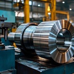 Obraz premium Factory lathe produces giant metal spheres.