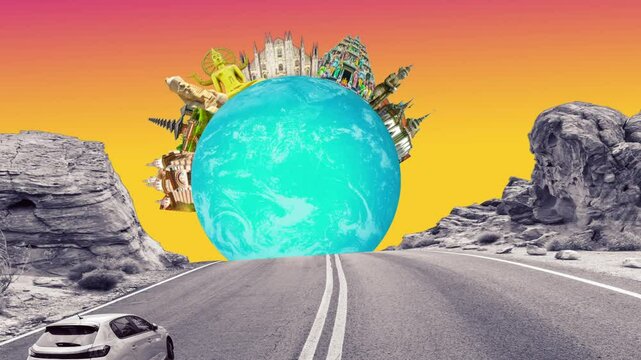 Art collage about car and road - travel concept. World religious and architecture monuments . Travel and tourism with famous world landmarks. 2D animation