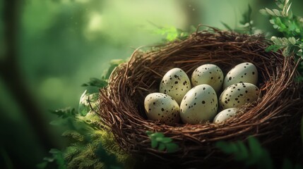 Obraz premium Nest containing speckled eggs resting peacefully in a lush natural setting with soft sunlight