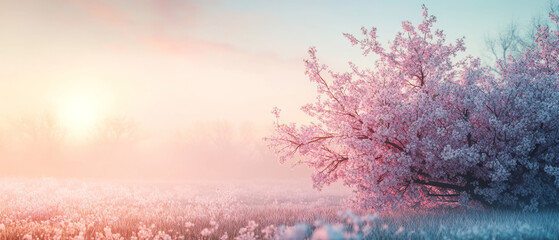 Pastel Dawn: Cherry Blossom Field, Dreamy Sunrise Landscape