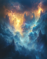 Naklejka premium ethereal cloud mountains under a blazing sky in a surreal celestial realm