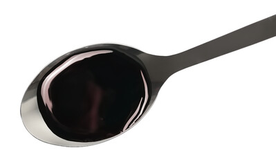 Balsamic vinegar in metal spoon isolated on white, top view
