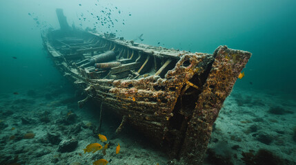 Naklejka premium Underwater Shipwreck: Colonial Era Naval Vessel, Cannons, Marine Life