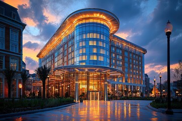 Fototapeta premium Modern architectural masterpiece illuminated at sunset in urban setting