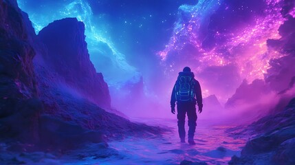 Hiker exploring vibrant futuristic landscape with glowing element and surreal detail
