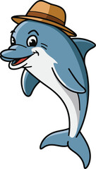 Naklejka premium A fun and cute cartoon dolphin swimming in the ocean with a playful silhouette 