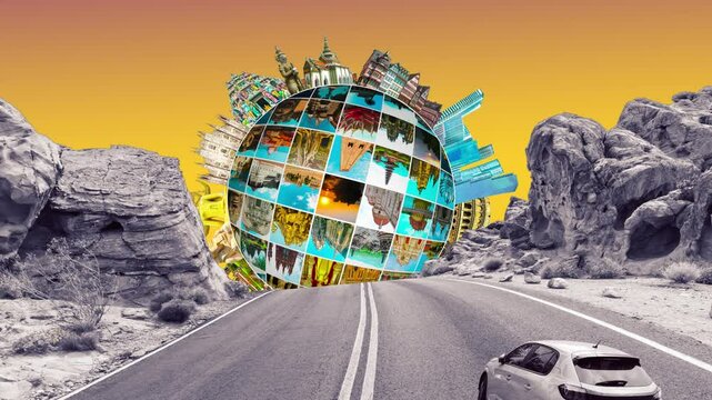 Art collage about car and road - travel concept. World religious and architecture monuments . Travel and tourism with famous world landmarks. 2D animation