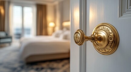 Obraz premium Door handle in focus leading to an inviting hotel room with soft lighting