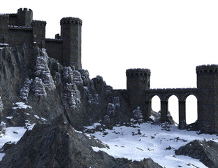 3D rendered winter fantasy medieval castle ruins isolated on transparent background © HWWO Stock