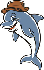 Naklejka premium A fun and cute cartoon dolphin swimming in the ocean with a playful silhouette 