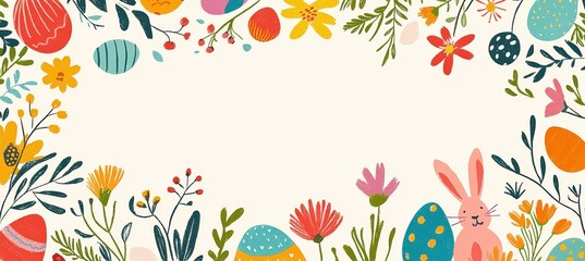 Playful Easter Greeting Card Template with Colorful Eggs, Bunnies, and Spring Flowers for Text Space
