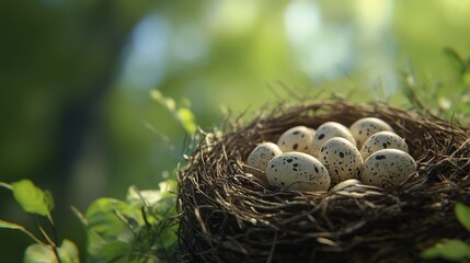 Nest containing speckled eggs resting peacefully in a lush natural setting with soft sunlight