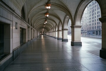 Fototapeta premium An elegant colonnade stretches into the distance, its arches framing a cityscape under soft, diffused light.