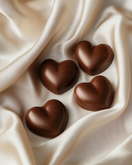 Fototapeta premium Heart Shaped Chocolate Candies on Silk Fabric