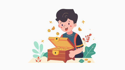 Exciting Vector Illustration of Kid Opening Treasure Chest - Flat Design