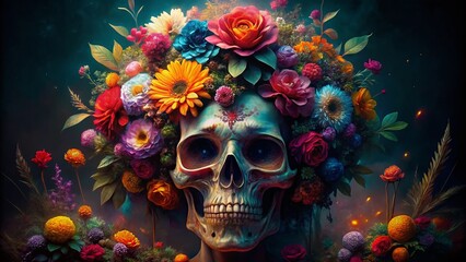 Surreal Skull Flower Art: Macabre Nature Photography, Low Light Ethereal Skull, Vibrant Floral Skull, Dark Fantasy Art