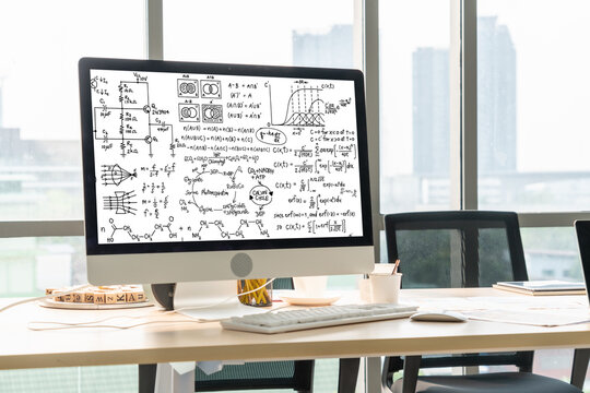 Mathematic equations and modish formula on computer screen showing concept of science and education