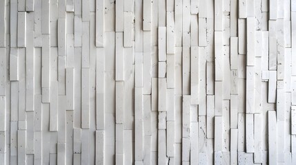 Fototapeta premium Textured white vertical wall made of uneven rectangular panels. Minimalistic architectural and interior design concept for print and inspiration.