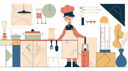 Young Chef Boy with Measuring Tools Vector Illustration