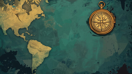Naklejka premium illustration of ancient compass on old vintage world map banner background, Generative Ai