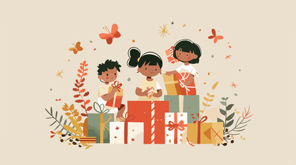 Joyful Children on Pile of Presents - Flat Vector Illustration