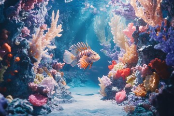 A vibrant lionfish glides gracefully through a sunlit coral reef, showcasing a spectrum of vivid colors and diverse marine life.