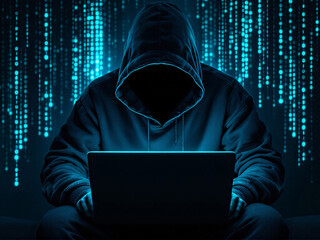 Hooded figure with laptop, green code cascading, symbolizing hacking and cyber threats.