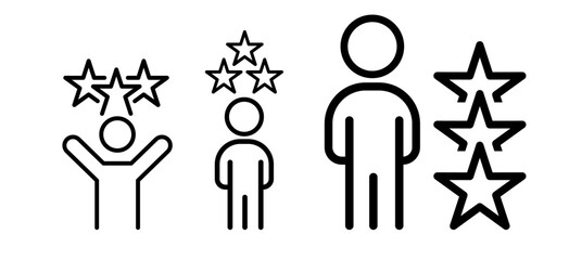 Outline icon talent acquisition, employee award, customer satisfaction, success. Line sign three stars near a human figure.