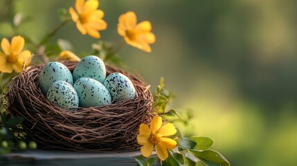 Fototapeta premium Speckled blue eggs in nest amidst yellow flowers on a sunny day