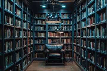 Cozy reading nook in a classic home library with leather armchair and decorative lighting