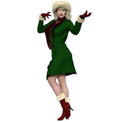 3D rendered female character in a winter outfit wearing green coat, red scarf, boots and a hat with a fur isolated on transparent background