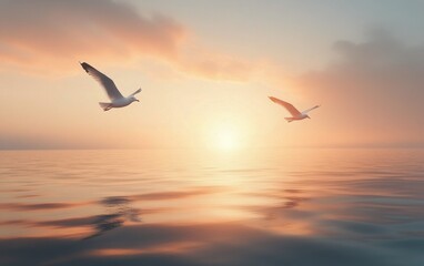 Fototapeta premium Seagulls flying over a calm ocean during a colorful sunset at twilight