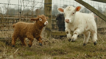 Fototapeta premium Playful lamb and calf frolic in farmyard.