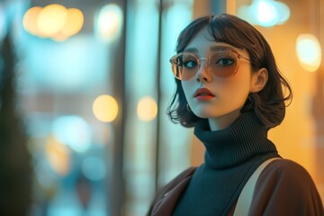 Fototapeta premium A stylish woman with short dark hair and large glasses poses in vibrant urban lighting, embodying contemporary fashion and modern elegance.