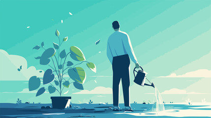 Happy Chinese Business Person Watering Growing Plant