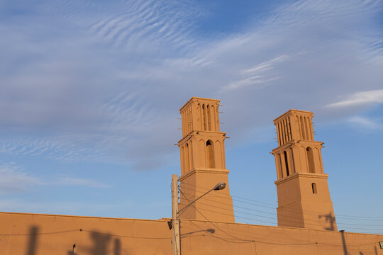 Fabulous wind-catching towers made of adobes in Yazd, Iran in perfect details. 