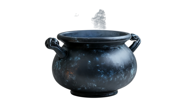Toxic Witch Cauldron Isolated with Glowing Green Potion, creating an Eerie, Mystical Atmosphere for Dark Magic and Sorcery on transparent background.