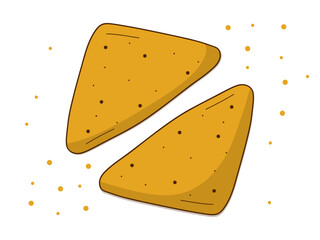Two triangular potato snacks with a crispy texture. Golden brown color highlighting their freshness. Perfect for fast food and snack-related designs