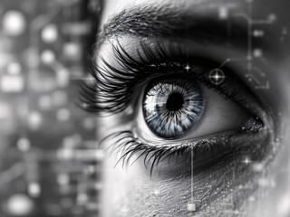 Eye close-up with digital circuits, futuristic technology, glowing blue iris, intricate details.