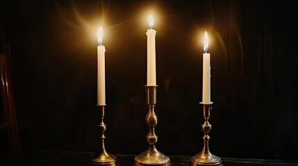 Elegant golden candle holders with glowing white candles, set against a deep, dramatic background for timeless themes.
