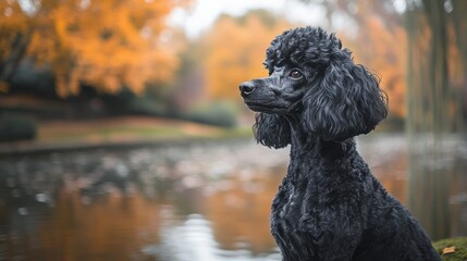 Tranquil black poodle near pond in park with serene vibe