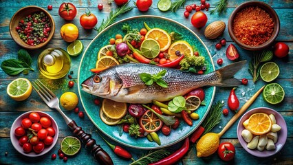 Fototapeta premium Sustainable Seafood, Ocean Conservation, Save Our Seas, Delicious Dishes, Eco-Friendly Food, Marine Life Protection, Healthy Eating, Ocean Friendly Recipes