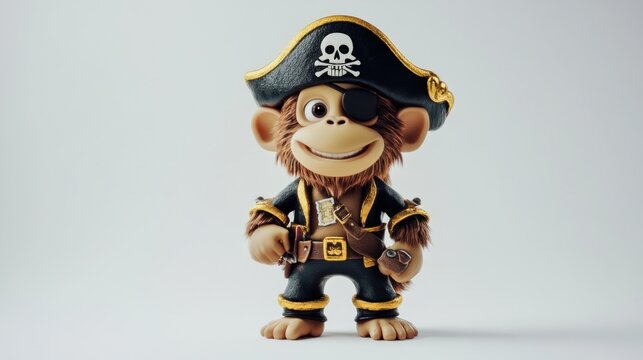 Cute cartoon monkey pirate with eyepatch and hat.